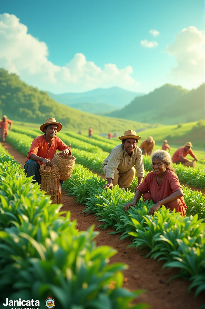 Village crops field people working with smile and lower corner a logo of "JANATA BANK PLC
