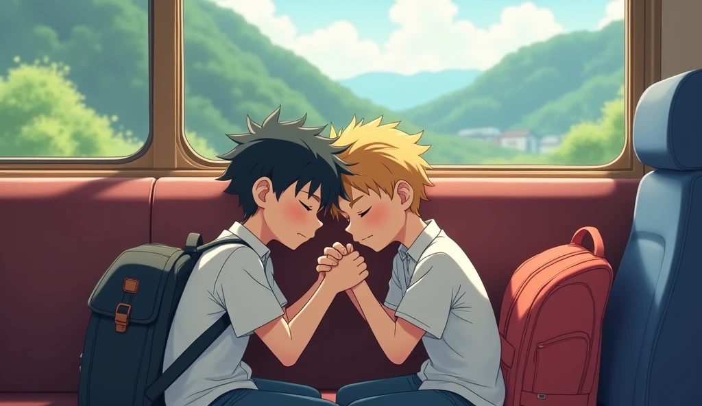 This image has to be anime, and very cute two male teenagers returning from a day of school, they are holding hands and sleeping next to each other, leaning their heads together, holding hands, their bags are on each side, they are sitting forward and sleeping in a train carriage and the window of their train carriage is passing a very beautiful landscape during the day