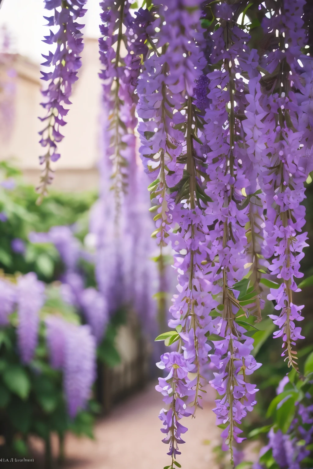 Please describe a scene with blooming purple wisteria flowers. Soft light illuminates the petals, and the background is a blurred shade of purple, emphasizing the elegant drooping of the flowers.