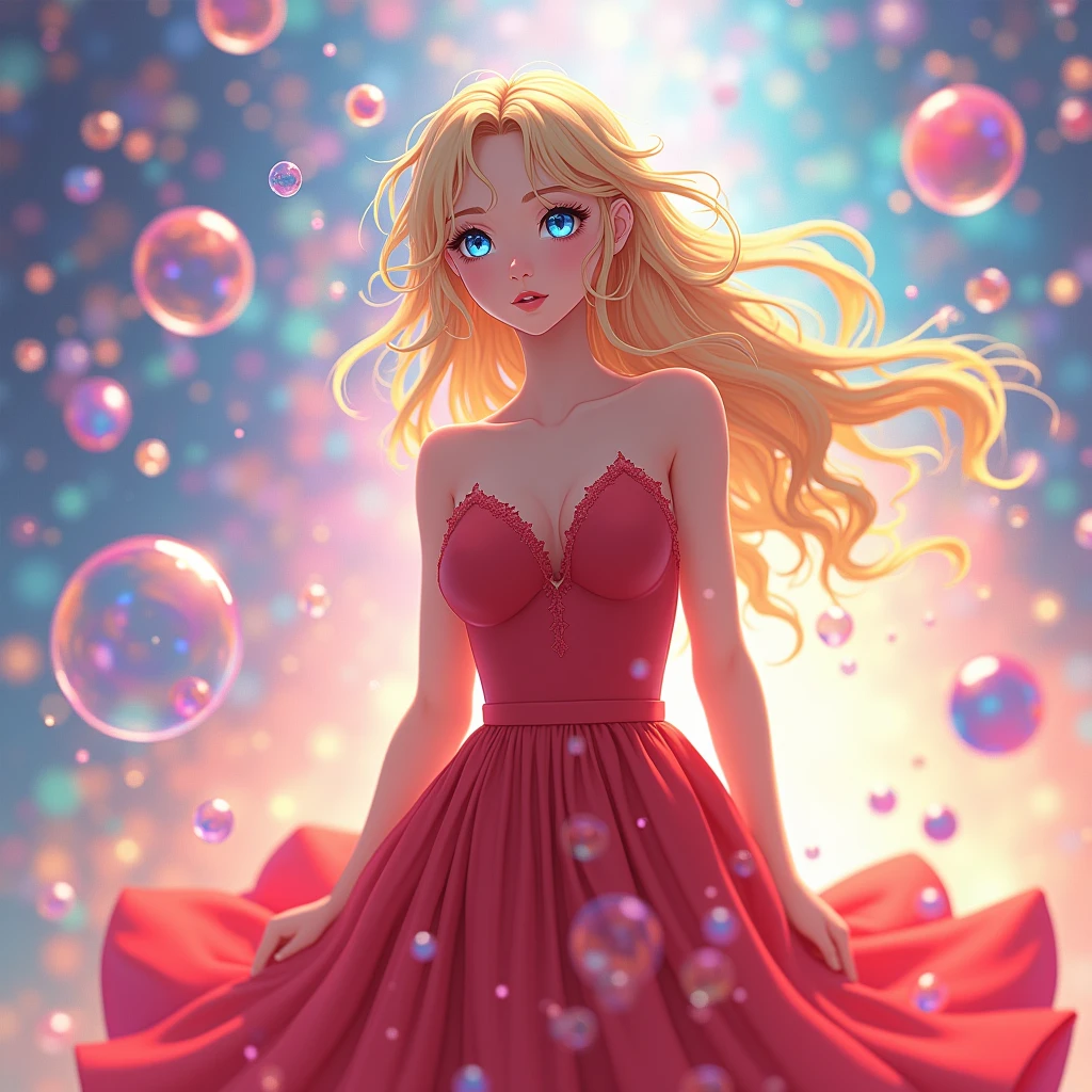 high quality, 8K Ultra HD, high detailed, masterpiece, A digital illustration of anime style, soft anime tones, Detailed illustration of many colorful soap bubbles falling from the sky on a beautiful woman, red dress, colorful colors, colorful woman, blond hair, blue eye, luminism, three dimensional effect, enhanced beauty, Albert Anker, Kyoto Animation, Greg Rutkowski, Artgerm, WLOP, Alphonse Beeple, luminism, 3d render, octane render, Isometric, by yukisakura, awesome full color
