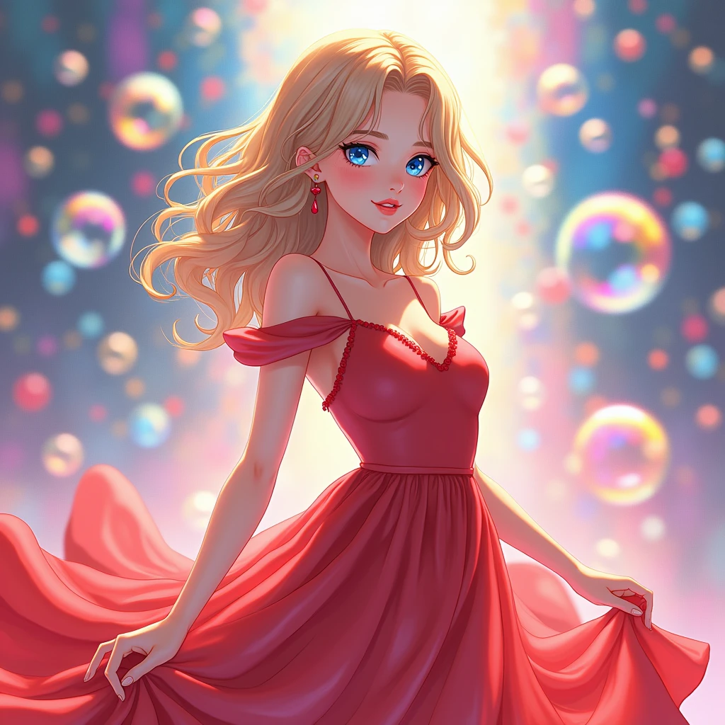 high quality, 8K Ultra HD, high detailed, masterpiece, A digital illustration of anime style, soft anime tones, Detailed illustration of many colorful soap bubbles falling from the sky on a beautiful woman, red dress, colorful colors, colorful woman, blond hair, blue eye, luminism, three dimensional effect, enhanced beauty, Albert Anker, Kyoto Animation, Greg Rutkowski, Artgerm, WLOP, Alphonse Beeple, luminism, 3d render, octane render, Isometric, by yukisakura, awesome full color
