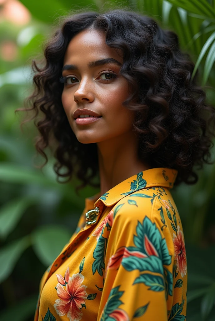 A Brazilian woman in a lush tropical garden, wearing an open shirt with a floral print, with a close-up capturing the harmonious beauty between her breasts and the natural flowers, showing off your natural charm and outgoing personality.