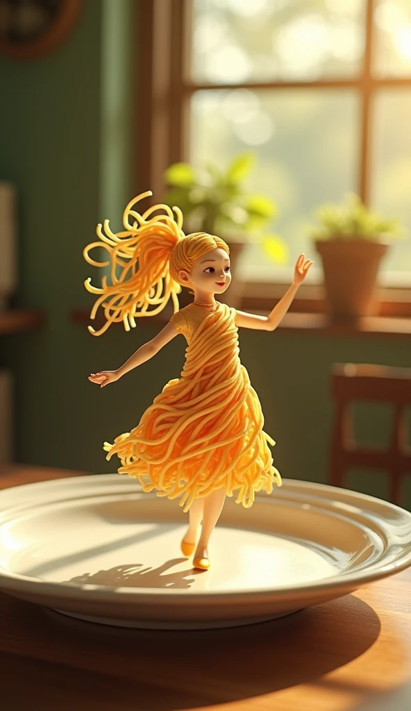 A whimsical miniature figure composed of delicately arranged noodles , poised in a carefree dance on the rim of a plate , white shiny plate , set on a table , vibrant kitchen backdrop, where dappled sunlight filters through the canopy above, casting intricate shadows. The overall aesthetic is ethereal, with warm, earthy tones of sienna, umber, infused with hints of emerald and golden light, evoking a sense of wonder and enchantment , as if plucked from a fantastical realm.