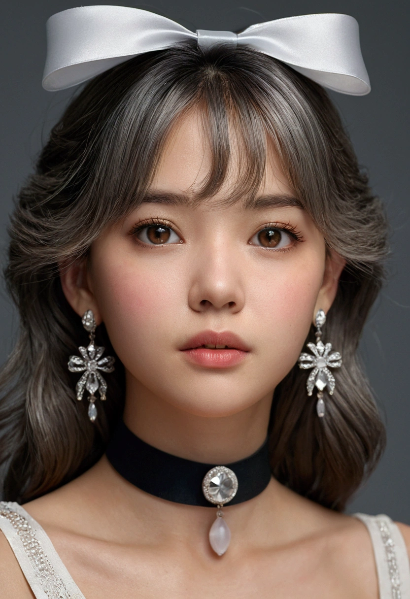 cute, ultra-detailed, illustration, intricate, detailed, extremely detailed, detailed face, soft lighting, soft light, soft focus, perfect face, beautiful, accurate anatomy, overexposure, 8k, 4k, (highres:1.1), best quality, (masterpiece:1.3), 1girl, solo, jewelry, brown eyes, looking at viewer, earrings, grey hair, bangs, choker, closed mouth, portrait, watch, hair ornament, simple background, grey background, long hair, head rest, lips, hair bow, black choker, bow, eyelashes