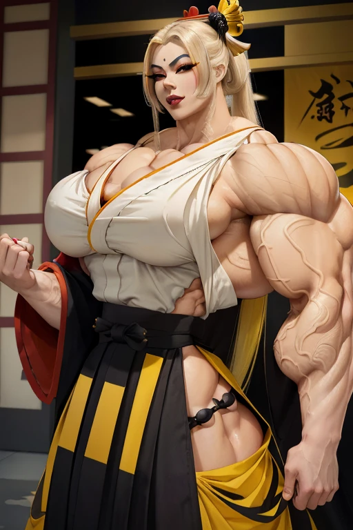 ((Close-up)), tall, (yellow hair), beautiful muscular Latino geisha, long flowing hair, brown skinned, closed smile, (black lipstick), ((massive muscles)), (hyper muscle), ((ginormous bulky muscles)), gray eyes, ((((beautiful long yellow geisha kimono, long long skirt)))), (in a temple)
