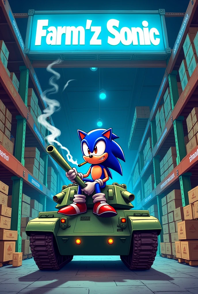 grand entrepôt avec des cargaisons de weed dans le fond avec une grande pancarte en haut ou il y'a ecrit Farm'z Sonic en bleu et il y'a sonic avec les yeux rouge qui fume un joint assis sur un tank et il y'a ecrit la frappe a sonic sur le bas du tank en bleu en cartoon