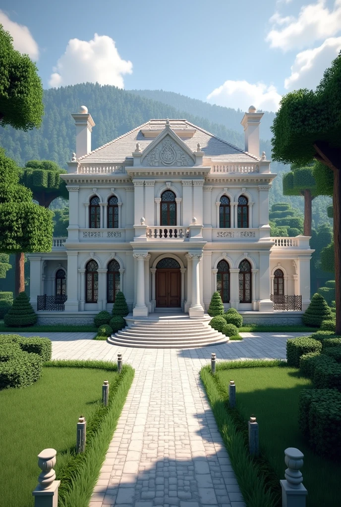 Create a medium sized minecraft mansion in white and grey 