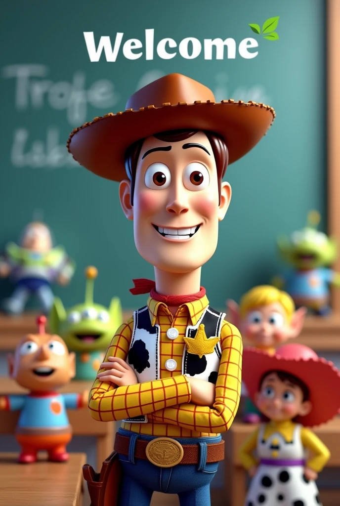 generates an image of a banner with a toy story theme, wody dressed as a teacher, the other characters in a classroom, at the top with the word welcome, followed by the phrase Profe Vini