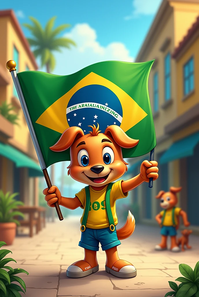 I want an image of a Brazilian character holding the Brazilian flag , in the form of a brand logo , and the character is a funny person and put a Brazilian scenario in the background with the caramel dog from Brazil and improvise the rest Put the phrase “Brazilianizing” on the white stripe of the Brazilian flag