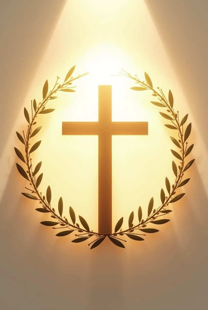 A circular design featuring a simple, elegant wooden cross at the center, surrounded by soft, glowing light rays. The background is a gradient of warm golden and white tones, symbolizing divine light. Around the cross, delicate vines and small olive branches form a wreath, representing peace and life. At the top of the cross, a subtle halo effect adds a sacred touch. The overall style is clean and minimalistic, with a focus on conveying a sense of spirituality, peace, and reverence.