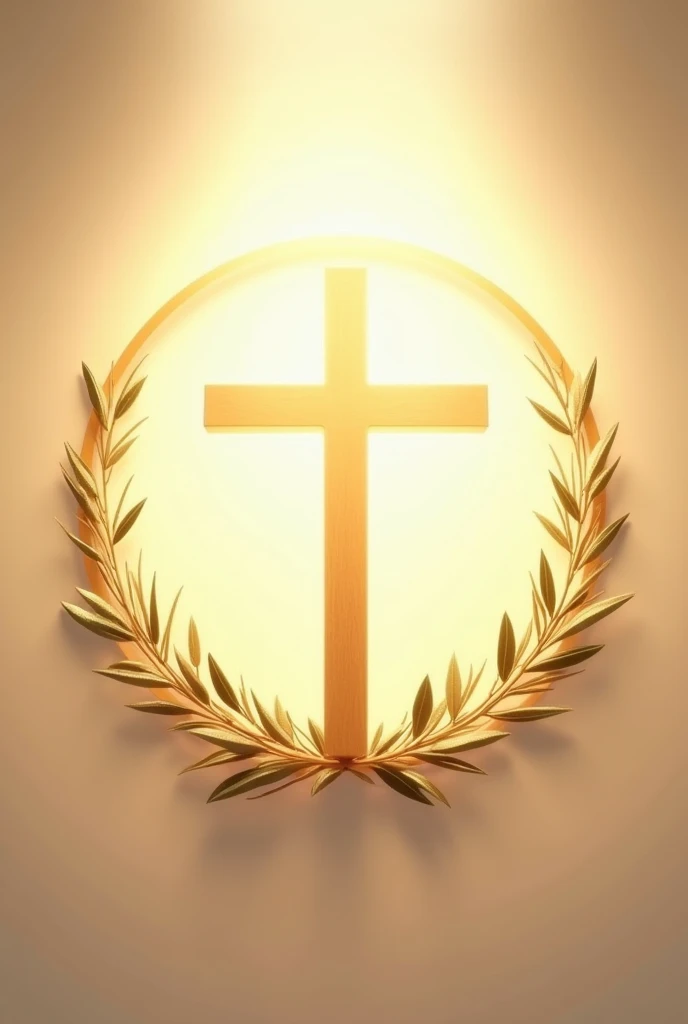 A circular design featuring a simple, elegant wooden cross at the center, surrounded by soft, glowing light rays. The background is a gradient of warm golden and white tones, symbolizing divine light. Around the cross, delicate vines and small olive branches form a wreath, representing peace and life. At the top of the cross, a subtle halo effect adds a sacred touch. The overall style is clean and minimalistic, with a focus on conveying a sense of spirituality, peace, and reverence.