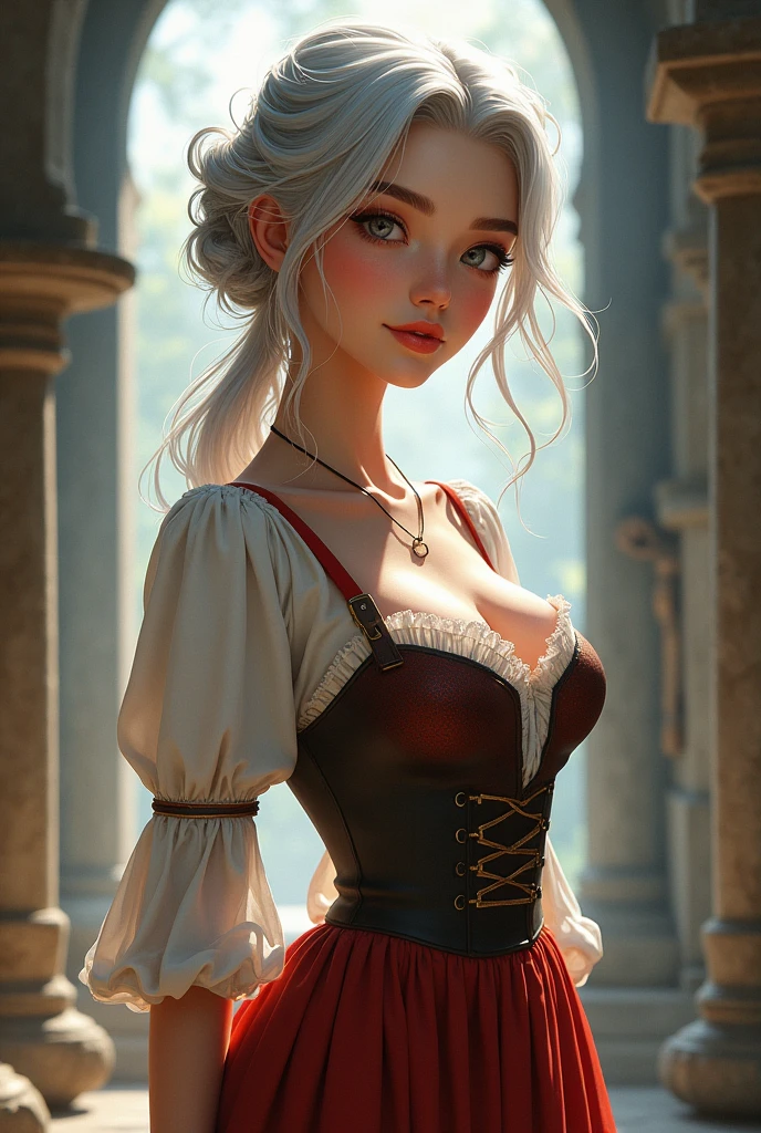 Young woman, Twenty years old, long silver hair, beautiful face,Asian face, Fair Skin, Big breasts,Thin waist, Big butt, Wearing Central European clothing, skirt, Central European period, Painting style 2.5D
