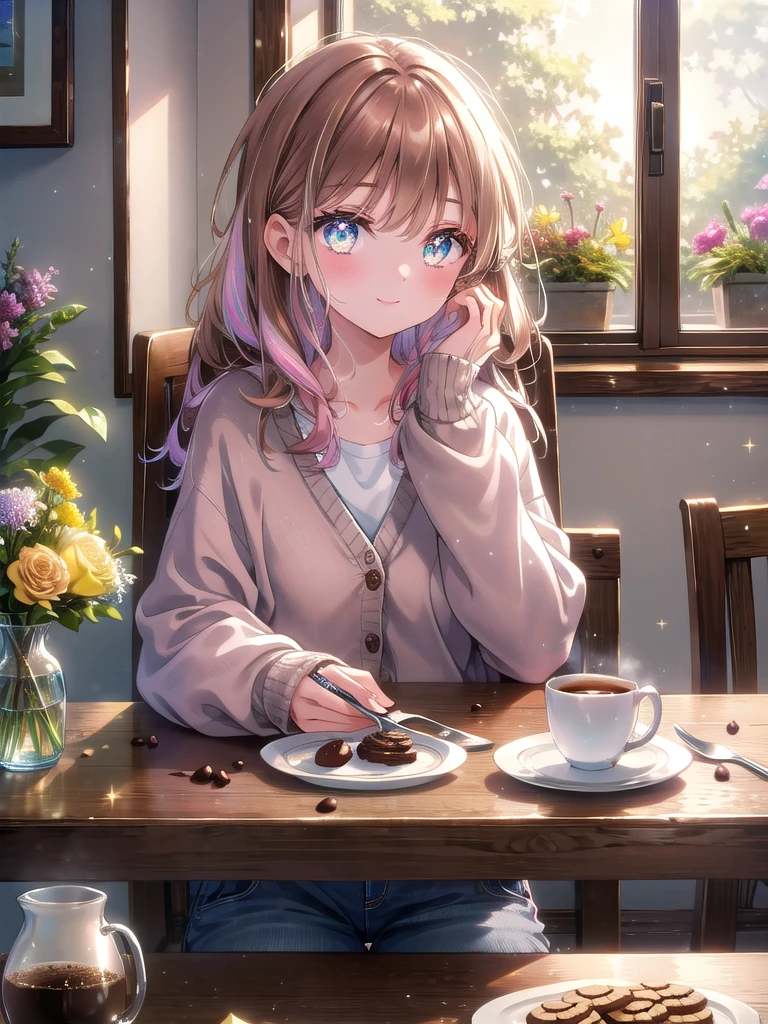 ((8k, Highest quality, masterpiece: 1.3)),Ultra-high resolution,(1 girl, alone), (Color changing eyes, Ultra-detailed, Expressive brilliance, Glitter, Glowing Eyes), Highly detailed eyes, Highly detailed face, Random Hair, ((pastel colour))The woman, with long, straight brown hair, sits at the kitchen table, enjoying a cup of coffee. She’s dressed in a light cardigan and jeans, her expression relaxed and content as she looks out the window. Her eyes occasionally glance at the camera with a serene smile, sharing the calm moment. The kitchen is filled with natural light, and the table is set with a small plate of cookies and a vase of fresh flowers, adding to the tranquil atmosphere.