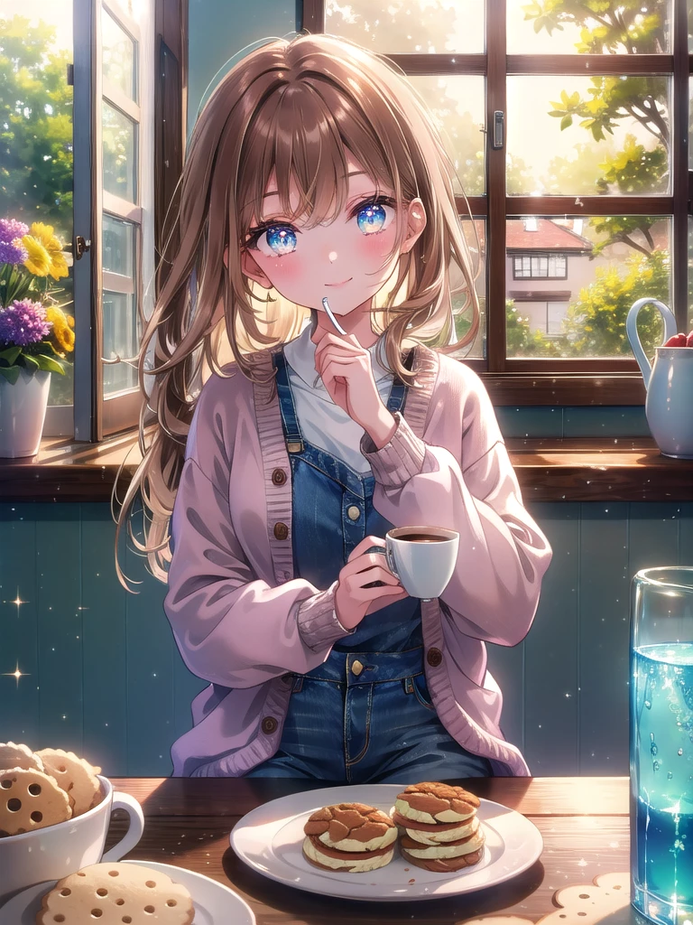 ((8k, Highest quality, masterpiece: 1.3)),Ultra-high resolution,(1 girl, alone), (Color changing eyes, Ultra-detailed, Expressive brilliance, Glitter, Glowing Eyes), Highly detailed eyes, Highly detailed face, Random Hair, ((pastel colour))The woman, with long, straight brown hair, sits at the kitchen table, enjoying a cup of coffee. She’s dressed in a light cardigan and jeans, her expression relaxed and content as she looks out the window. Her eyes occasionally glance at the camera with a serene smile, sharing the calm moment. The kitchen is filled with natural light, and the table is set with a small plate of cookies and a vase of fresh flowers, adding to the tranquil atmosphere.