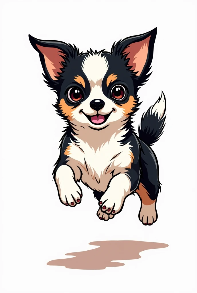 Chihuahua, black and white face, white body, black sides of belly, black butt, fluffy ears, brown eyebrows, sparkling eyes, manga style, jumping all over, LINE stamp style, short legs