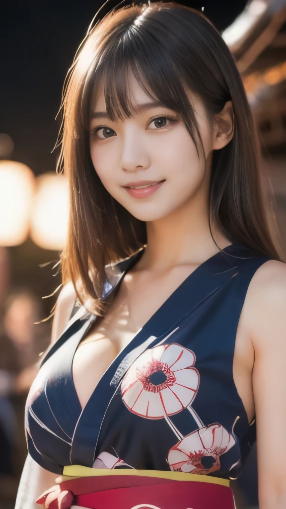 8k,Highest quality,(masterpiece:1.2),(Realistic),(Realistic:1.37),Ultra-high resolution,1 female college student,city,smile,Beautiful Eyes,Summer festival,(((Beautiful yukata))),Big Breasts,Perfect body,Perfect Fingers,Professional Lighting,gravure,Detailed face and skin texture,fine grain,RAW Photos