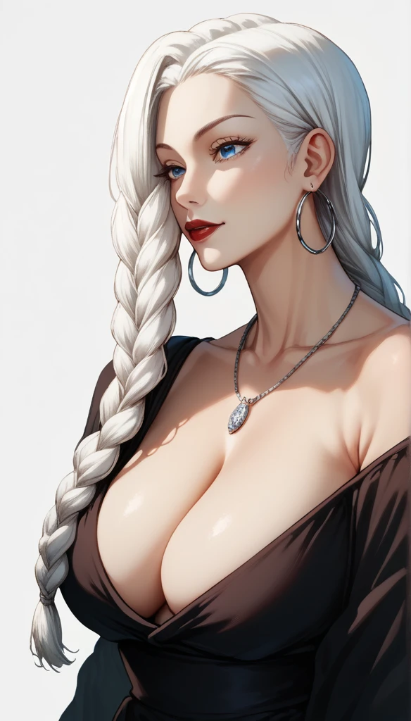 score_9, score_8_up, score_7_up, score_6_up, score_5_up, score_4_up, mei mei , blue eyes, white hair braid, large breasts, necklace,big oversized hoops earrings ,red lipstick , detailed eyes ,pants , saggy breasts ,black ornate ancient dress, cleavage