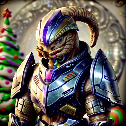 a cute sangheili alien from the video game halo, wearing armor made of gingerbread, decorated with colorful candy, covered in delicious frosting, highly detailed, 8k, fantasy, surreal, whimsical