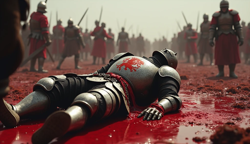 A highly realistic, high-contrast, 8K HD, detailed, hyper-detailed image of Tono, a knight clad in full armor with a lion emblem on his chest, being defeated in battle. Tono is on the ground, blood pouring from his wounds, with a large pool of blood surrounding him. The atmosphere is tense and chaotic as the battle continues around him, with other knights still engaged in combat. The image captures the intensity of the battlefield, with Tono's fallen form as the focal point, surrounded by the chaos of ongoing warfare. The image is of the highest quality, with ultra-high resolution, RAW photo quality, and Unreal Engine rendering, vividly depicting the tragic and brutal moment of Tono's defeat.