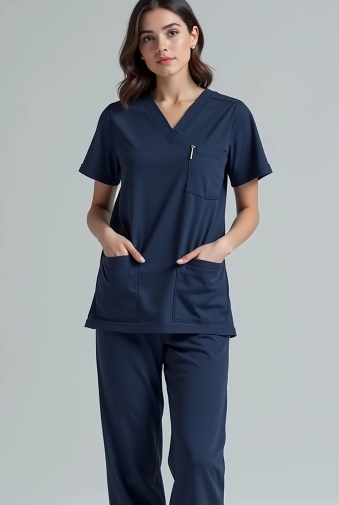 Two Medical scrubs, female , 3D, Dark Navy blue and Top and bottom, top with upper pocket and lower two pockets , free top and bottom, make sure top and bottom with same color and upper pocket in the top