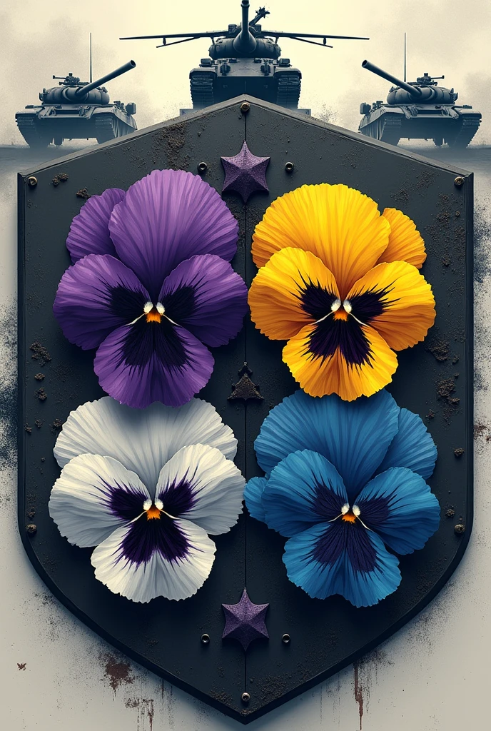 Create an aggressive military badge featuring four wild pansies at the center, each with a different color. The design should include something military in the background, making the pansies look fierce and intimidating.