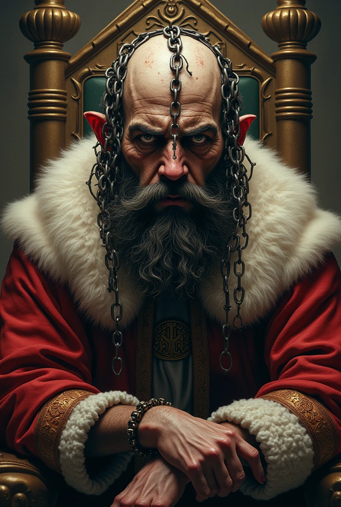 style fantasy, bearded man, with chains on his skull instead of hair, dressed like a king
