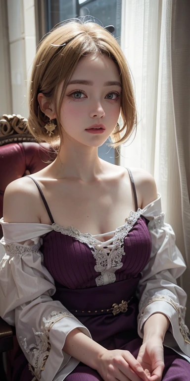 masterpiece: 1.2, Portraiture, Highest quality), Realistic, (Live Action, Intricate details, Written boundary depth), Highest quality, masterpiece, Attention to detail, semi-Realistic, 朝にDrink coffee , shy, 2, Short blonde, blue eyes, blonde、 Slim figure、Shoulder Bare、The light is coming through the curtains, Wearing a nightgown, Drink coffee、Dark Room；1.5