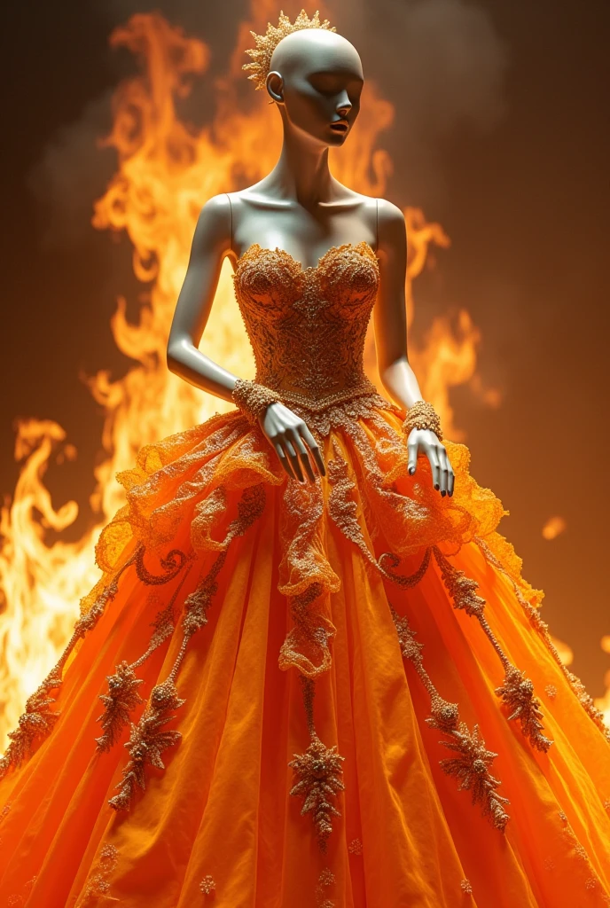 Make a mannequin with a flaming princess style dress.