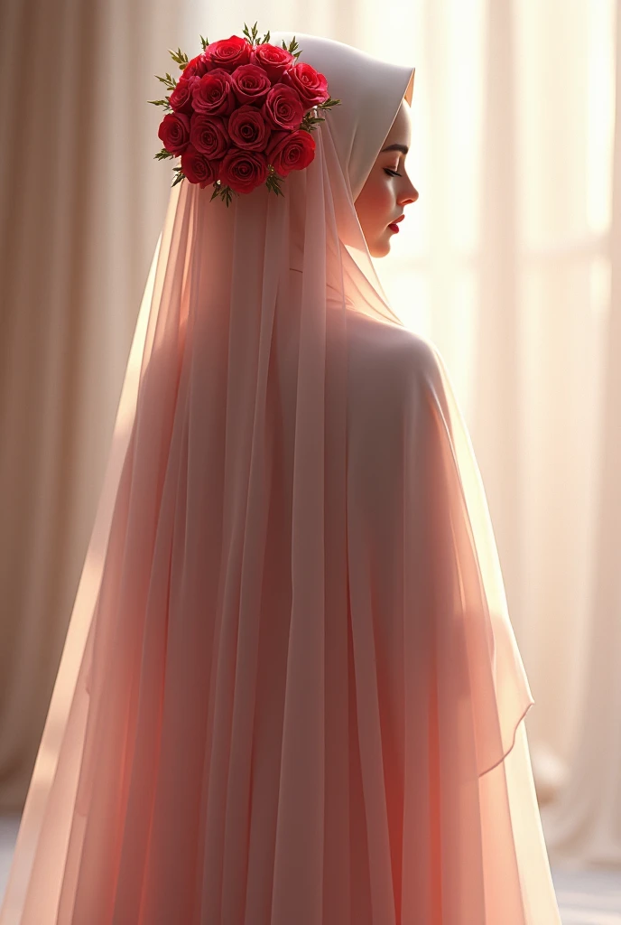 A hijabi bride from the back.Her hair-bun covered with red roses and a transparent veil over the head. no skin or hair will be visible. everything will be covered with hijab/skarf