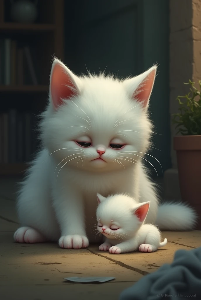 White Cat crying with 1kitten