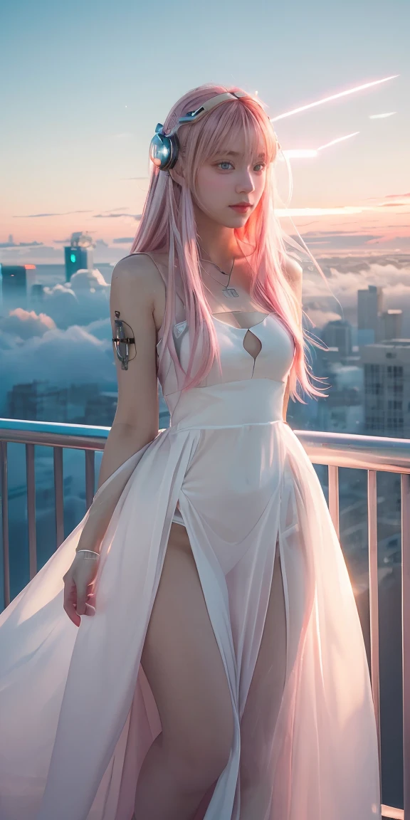 ((Masterpiece, best quality, very detailed), Volumetric light, surrounding occlusion, colorful, glow), 
1 girl, alone, young girl, (pink hair), long hair, radius, Aura, sacred, owner, cybersuits, (white dress:1.3), robot, Bot, angel wings,
outdoor, sunset, sky, cloud, space, (Cyberpunk theme:1.2),