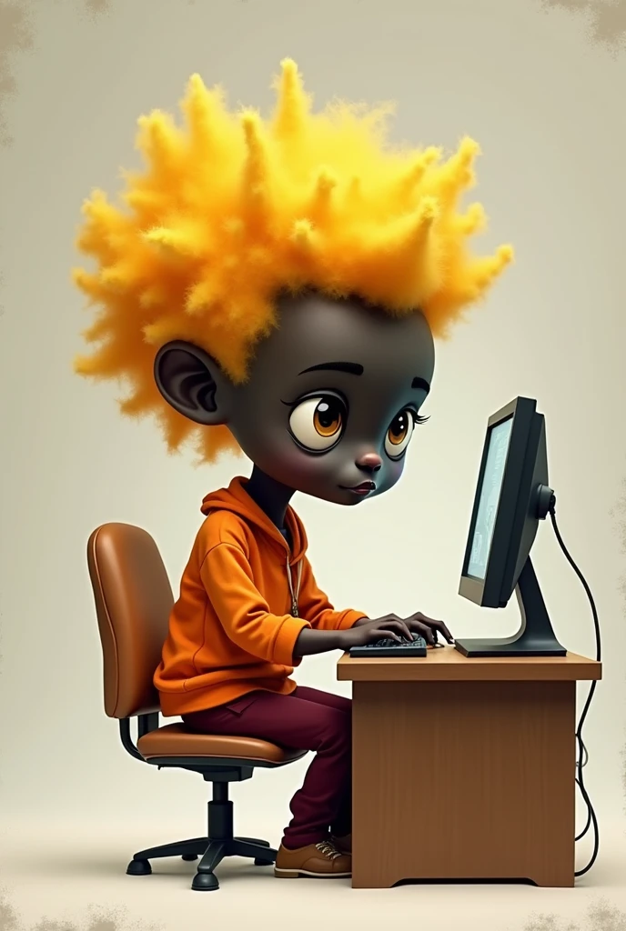 A little black person with yellow hair and a wine-colored pants and an orange shirt at a computer will be a man