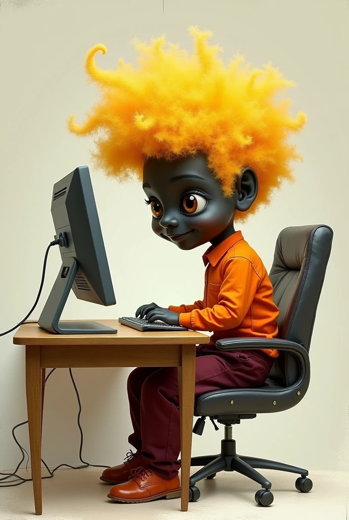 A little black person with yellow hair and a wine-colored pants and an orange shirt at a computer will be a man