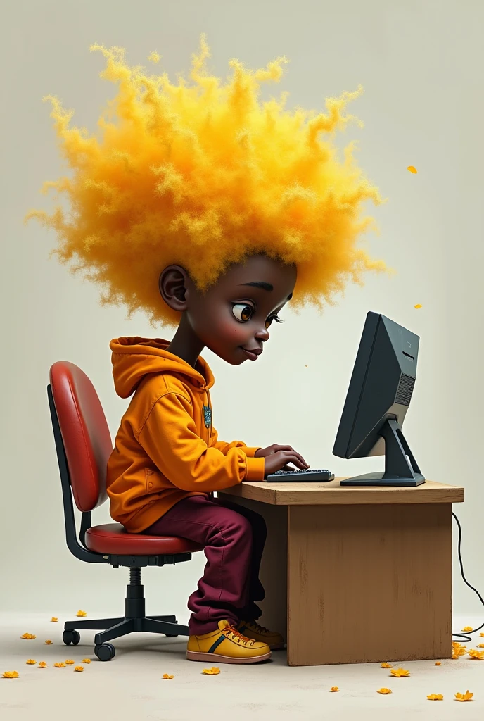 A little black person with yellow hair and a wine-colored pants and an orange shirt at a computer will be a man