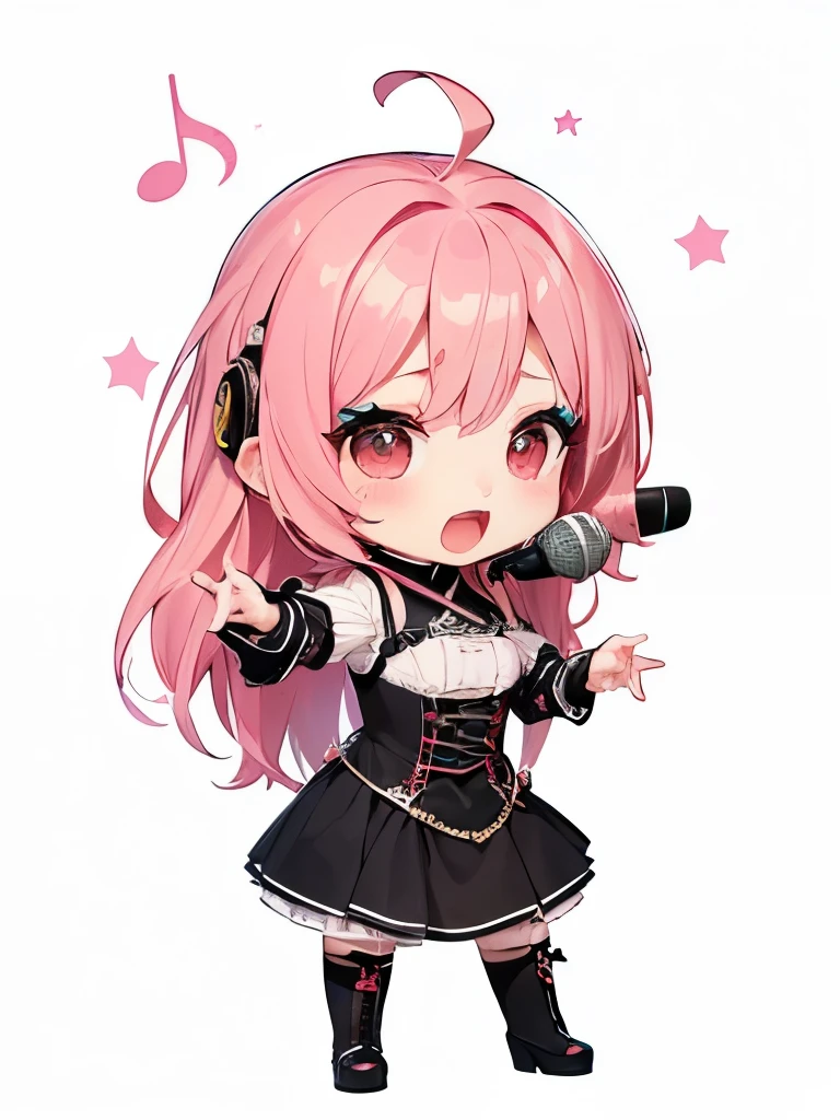 (((Metal band vocalist)))、Singing and playing the synthesizer、Pink-haired chibi character、(((A pink-haired chibi character singing an intense song)))、(((A vocalist with visual kei makeup)))、A beautiful depiction using tens of thousands of colors、masterpiece、Ultra HD、super high quality、8k、Delicately designed costume、(((Singing with a delicate microphone)))、(((Don&#39;t draw guitars)))、Delicate cape design、Intricate costume design、(((Visual kei reversed hair)))、Black Background