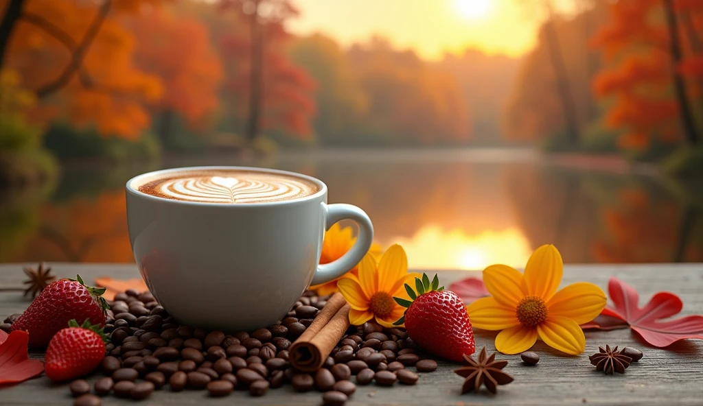 coffee latte surrounded by an intricate design of coffee beans, cinnamon, star anise, strawberries, autumn leaves and yellow flowers on table with a very striking presentation in the drink, bench,sunset,daisies, autumn, background of a beautiful serene lake, sunlight sparkling on the water, red and yellow autumn trees reflecting in the calm blue water, (best quality,4k,8k,highres,masterpiece:1.2),ultra-detailed,(realistic,photorealistic,photo-realistic:1.37),landscape,vibrant colors,dramatic lighting,warm tones,golden hour,tranquil,peaceful, close-up