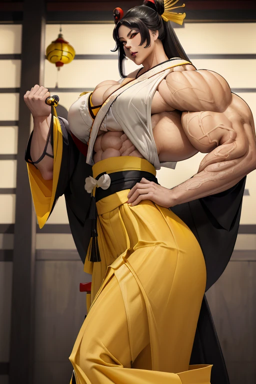 ((Close-up)), tall, (yellow hair), beautiful muscular Latino geisha, long flowing hair, brown skinned, closed smile, (black lipstick), ((massive muscles)), (hyper muscle), ((ginormous bulky muscles)), gray eyes, ((((beautiful long yellow geisha kimono, long long skirt)))), (in a temple)