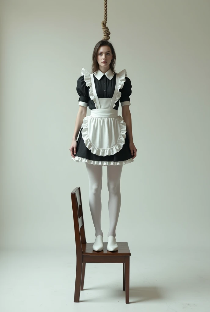 White thigh high stocking maid standing on chair with noose around neck