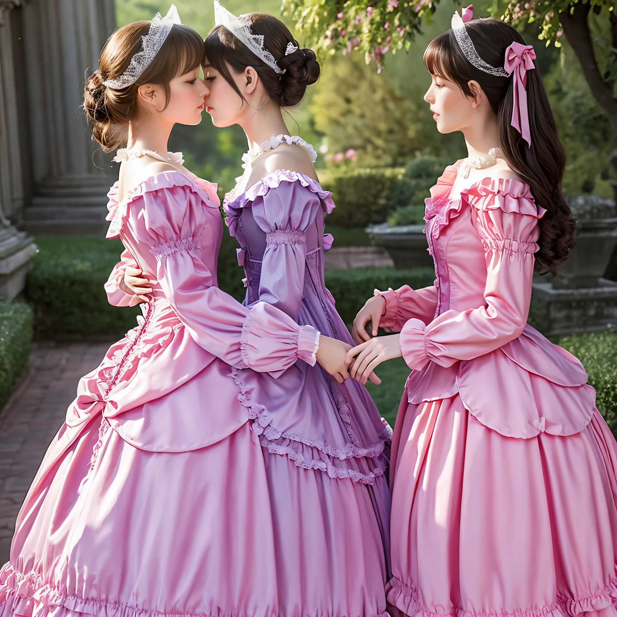 highest quality, masterpiece, highest resolution, artwork, super get used to it, many become familiar with, become familiar with, get used to it, woman, ,the two girls are princesses,pink victorian dress,long sleeve,long dress,A dress with lots of frills and ribbons.,luxury,Two kiss,