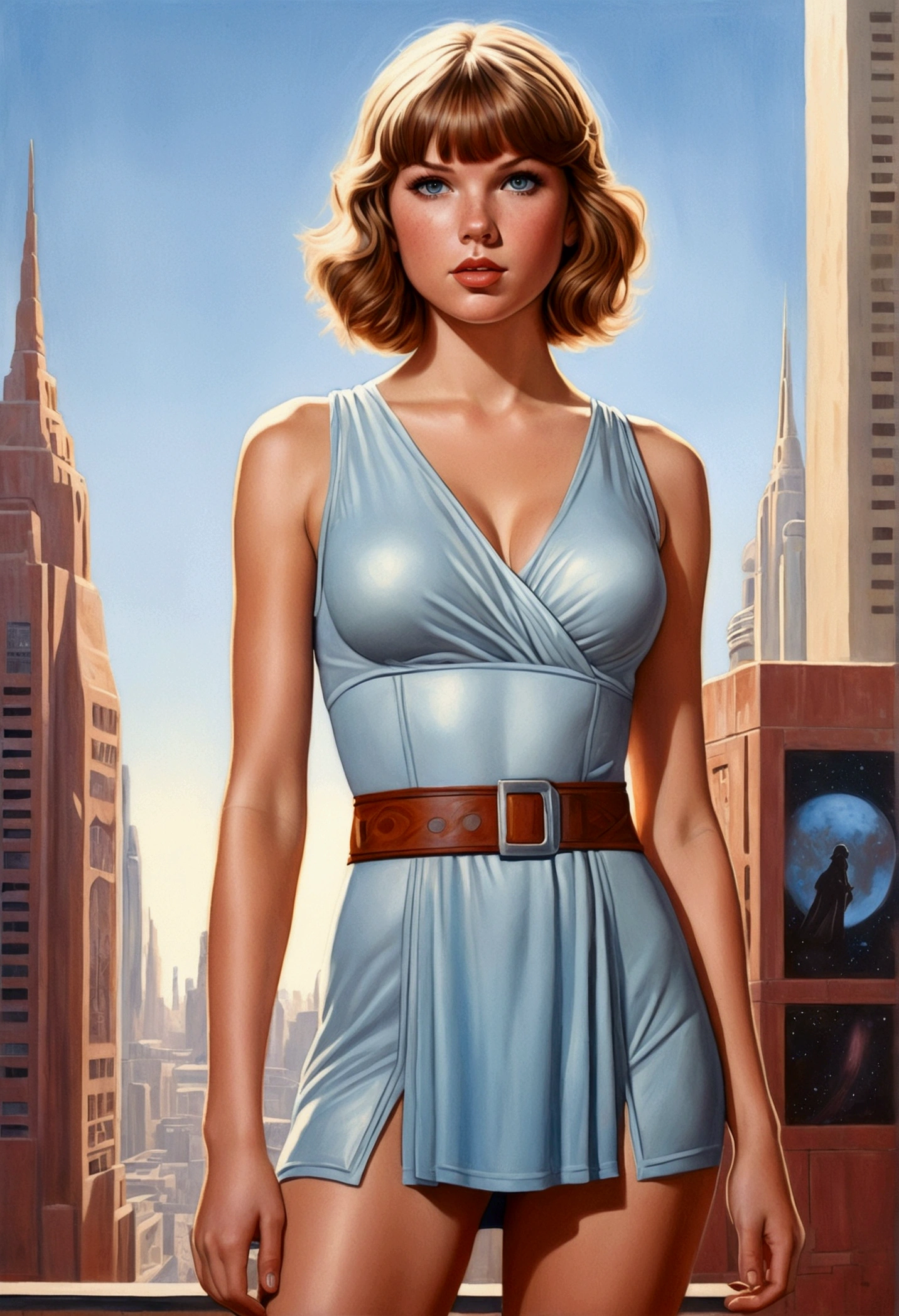 An illustrated movie poster, hand-drawn, full color, a teenage Jedi, 18-years-old, female, wearing a mini-dress, athletic hourglass figure, busty bosoms, full wide hips, massive round butt, long shapely legs, ridiculously thick powerful thighs, pale blue eyes, mousy brown hair, thick shaggy bangs, rosy sun-kissed complexion, freckles, resembles Taylorr Swift, standing above Coruscant, graphite shading, stencil marks, airbrushed acrylic paint, masterpiece, in the style of Drew Struzan