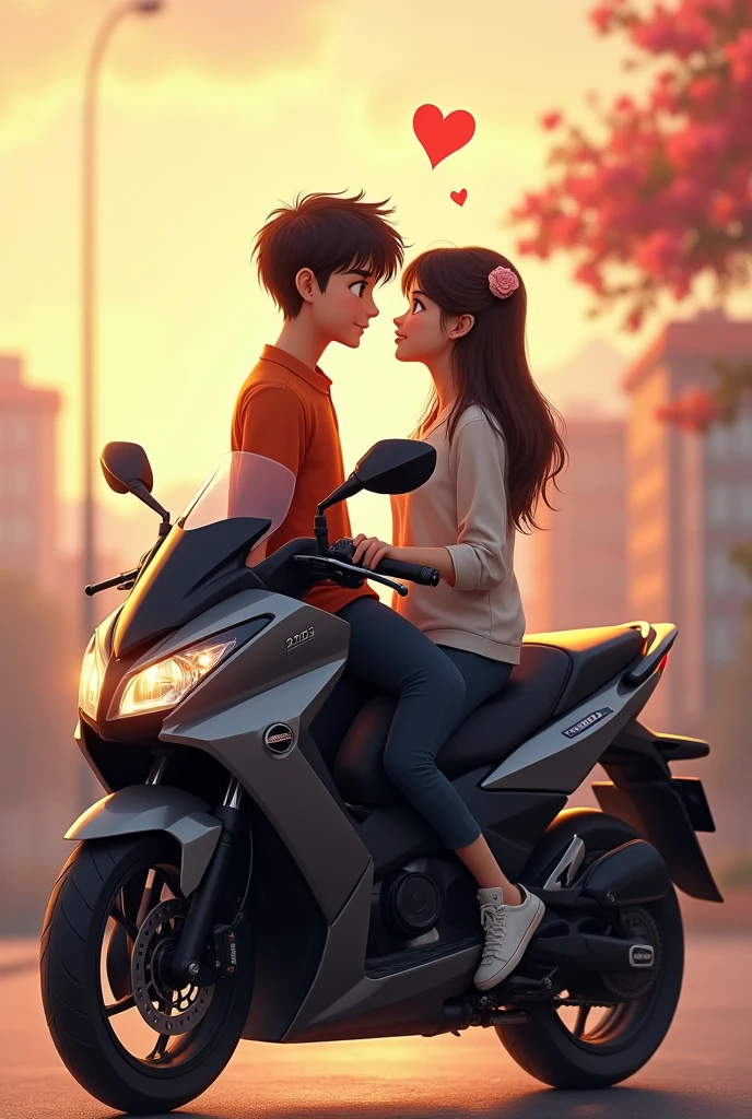 A boy and a girl are sitting on the bike called NS 200. He conveys his love to her There should be a love in the middle and then the pictureA side view of the bike and her. A picture from a distance