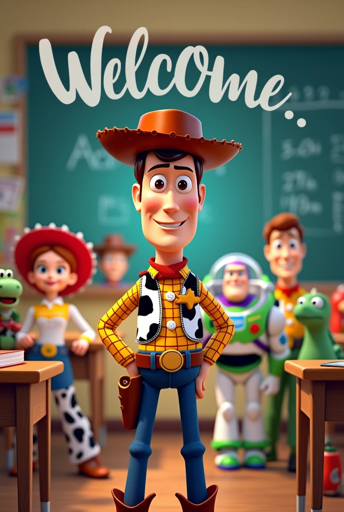 generates an image of a banner with a toy story theme, wody dressed as a teacher, the other characters in a classroom, at the top with the phrase welcome, followed by the phrase Profe Vini