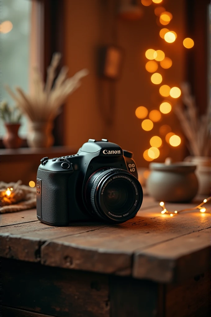Canon eos rebel T7i, sobre mesa de madera, bohemian interior, fireflies around him, cinematic lighting, royal logo