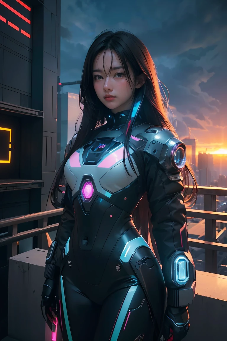 ((Masterpiece, best quality, very detailed), Volumetric light, surrounding occlusion, colorful, glow), 
1 girl, alone, young girl, (dark hair), long hair, radius, Aura, sacred, owner, cybersuits, (Random color scheme:1.3), robot, Bot, Cybernetic wings,
outdoor, sunset, sky, cloud, space, (Cyberpunk theme:1.2),