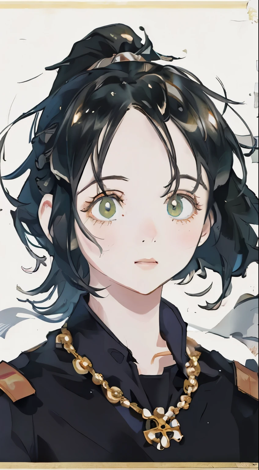 (masterpiece, best quality, 8K, Be focused, Depth of Field, Best shadow, Perfect lighting, HDR, Realistic skin texture, ultra-detailed background, detailed), Anime style one colored eye, White skin, Black Hair，Ponytail, necklace,  