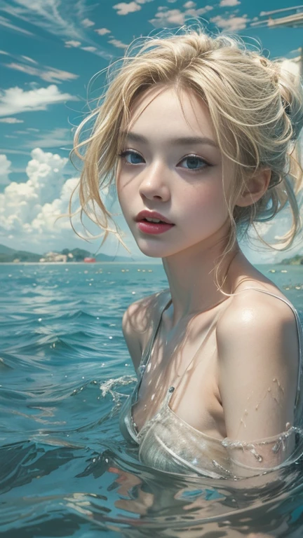 (masterpiece: 1.2, Portraiture, Highest quality), Realistic, (Live Action, Intricate details, Written boundary depth), Highest quality, masterpiece, Attention to detail, semi-Realistic, Swimming in the lake, shy, 2, Short blonde, blue eyes, blonde、 Slim figure、Shoulder Bare、Shorts and T-shirt 、Blue sky and a few clouds、Shoulder Bare