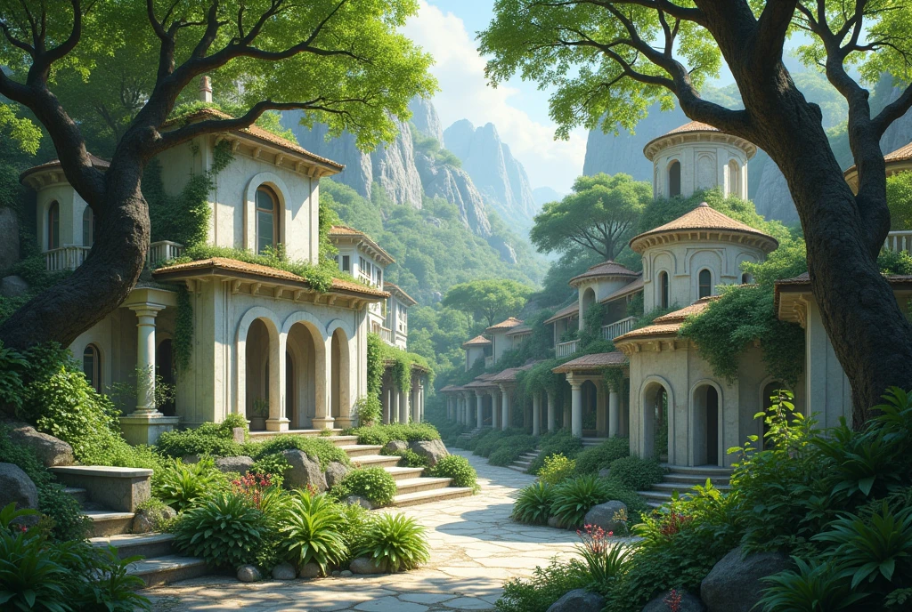 A village with houses made of white marble and white rocks, This town is in the middle of the jungle., which is why you can see little sky since they are under huge and very leafy trees. many plants, bushes and trees. Elven city, many plantations, out, inside and on top of houses.