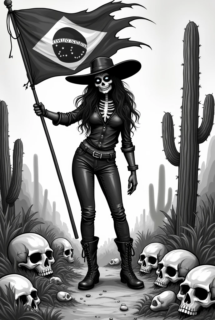 (Black and white doodle style cartoon) Holy Death, goddess of death, mexican skull face, deep eyes, two worlds, dark wavy hair, holding flag of Pernambuco Brazil, leather pants, shirt and boots, Lampião's leather hat, scene with several skulls and ox skulls, cacto. Female empowerment, Holy, ride, be careful with your hand, high qualiy, detaileds, dark,