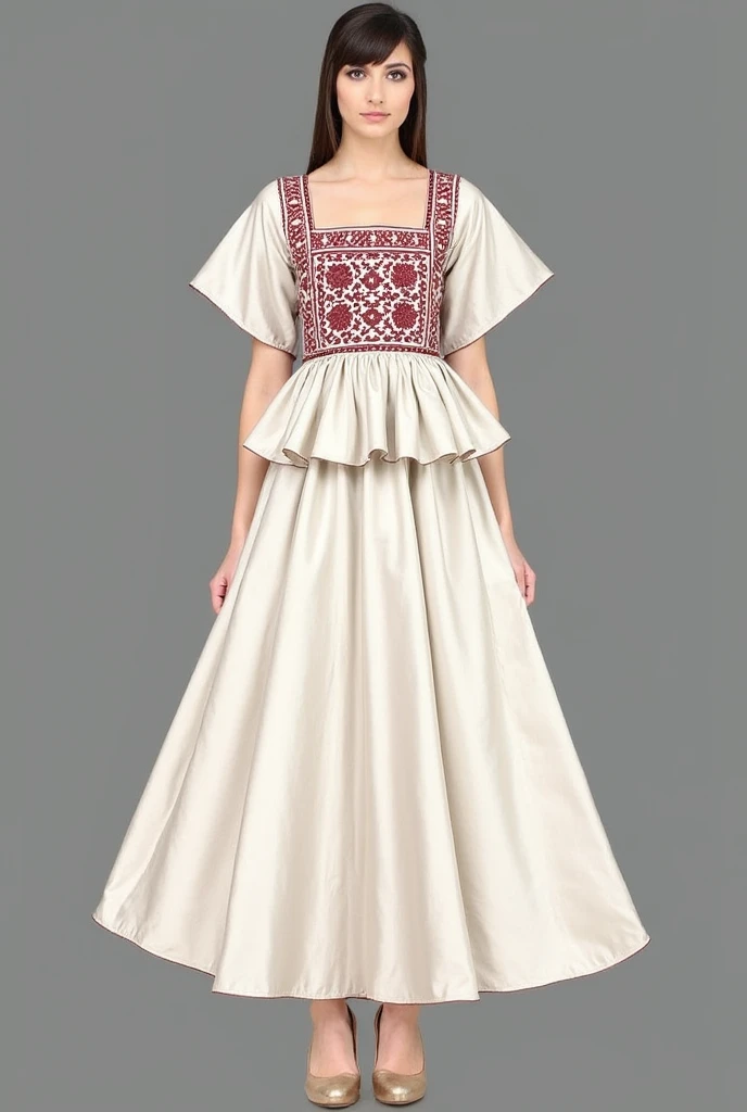 I have a white kashmiri shawl with very thin maroon embroidery. I wish to upcycle the shawl into a dress. Can you generate images of short tunics with peplum cut and box neck crop top designs for this shawl ?