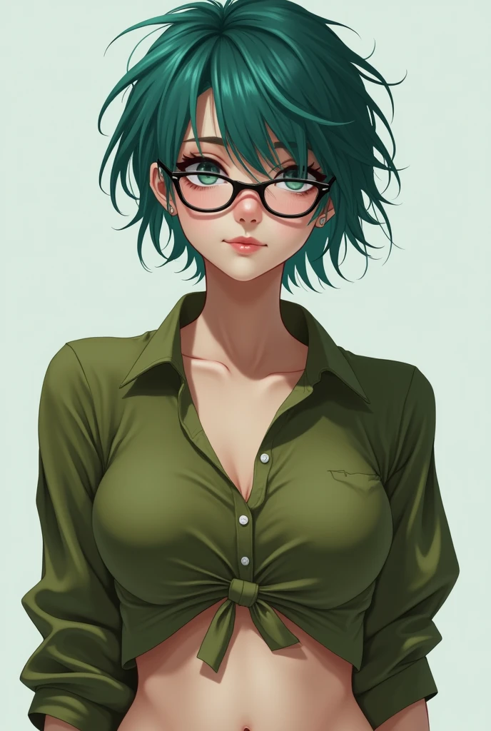 masterpiece, Best Quality, 1 girl, Alone, 23 years, adult, teal and green hair, messy hair, asymmetrical hair, He drowned, very short hair, aquamarine eyes, big breasts, toned, 182cm, Pale skin, Glasses, smile, olive green shirt, look at the abdomen,